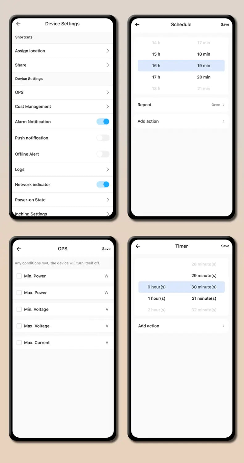Schwarzes Smartphone mit Anzeige von vier unterschiedlichen Geräteeinstellungsbildschirmen für den DGB-63E WLAN-Smart-Leistungsschutzschalter-Live-Leitungs-Energiezähler mit Zeitsteuerrelais-Funktionen