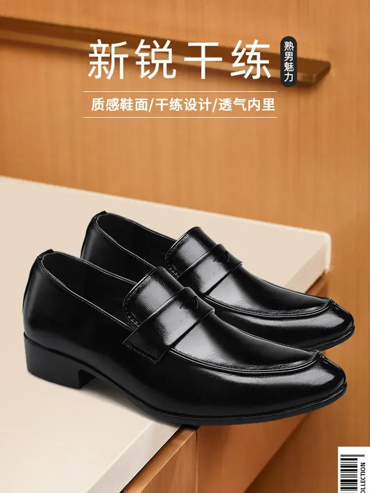 Black leather business dress shoes with a polished finish and classic pointed slip-on design for men.