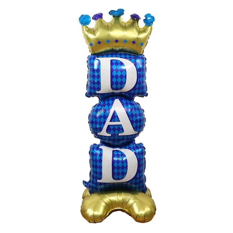 Blue and gold dad balloon centerpiece with a crown on top and feet at the bottom from the mom dad crown balloon tower collection.