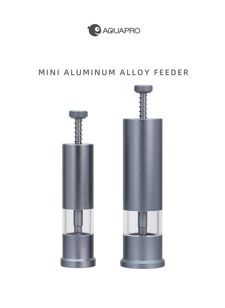 Silver mini aluminum alloy feeder with transparent central chamber and threaded top cap designed as aquarium accessories for small fish food dispensing