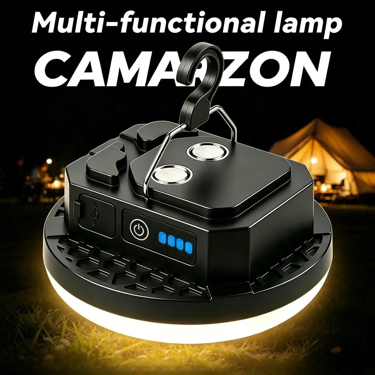 Black camaron multi-functional outdoor camping lamp with circular led blue light ring and integrated usb ports