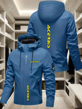 Men's off-road motorcycle style hooded jacket with BIS bright yellow logo print, windproof and multifunctional casual jacket