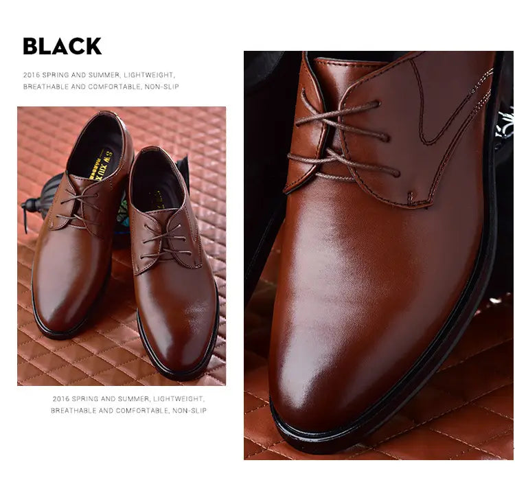 Herren-Lederschuhe vom Typ Oxford aus braun poliertem Leder mit Schnürverschluss und schwarzen Sohlen.