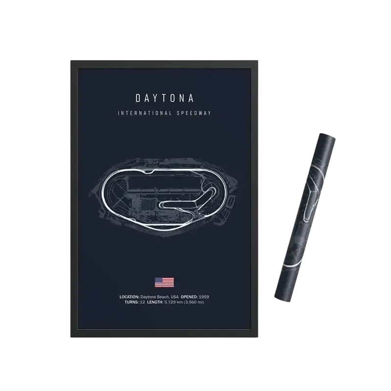 Dark blue framed canvas painting featuring white line drawing of daytona international speedway for home decor and working days