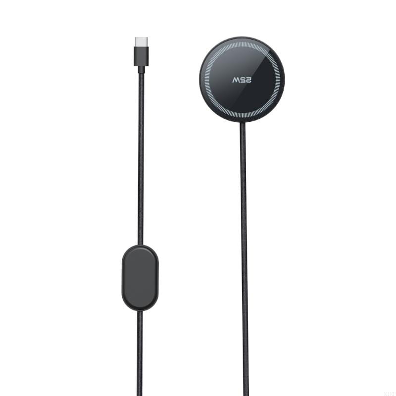 Black circular magnetic wireless charger with a sleek glossy finish and subtle white LED ring accents designed as a 25w fast wireless charging pad for phones.