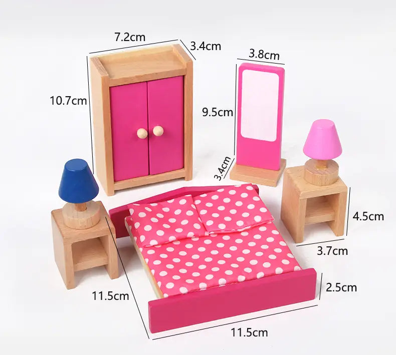 Rosa Holz-Puppenhaus-Schlafzimmer-Set mit gepunkteter Bettwäsche und passendem Mobiliar für Kinder als Miniaturspielzeug