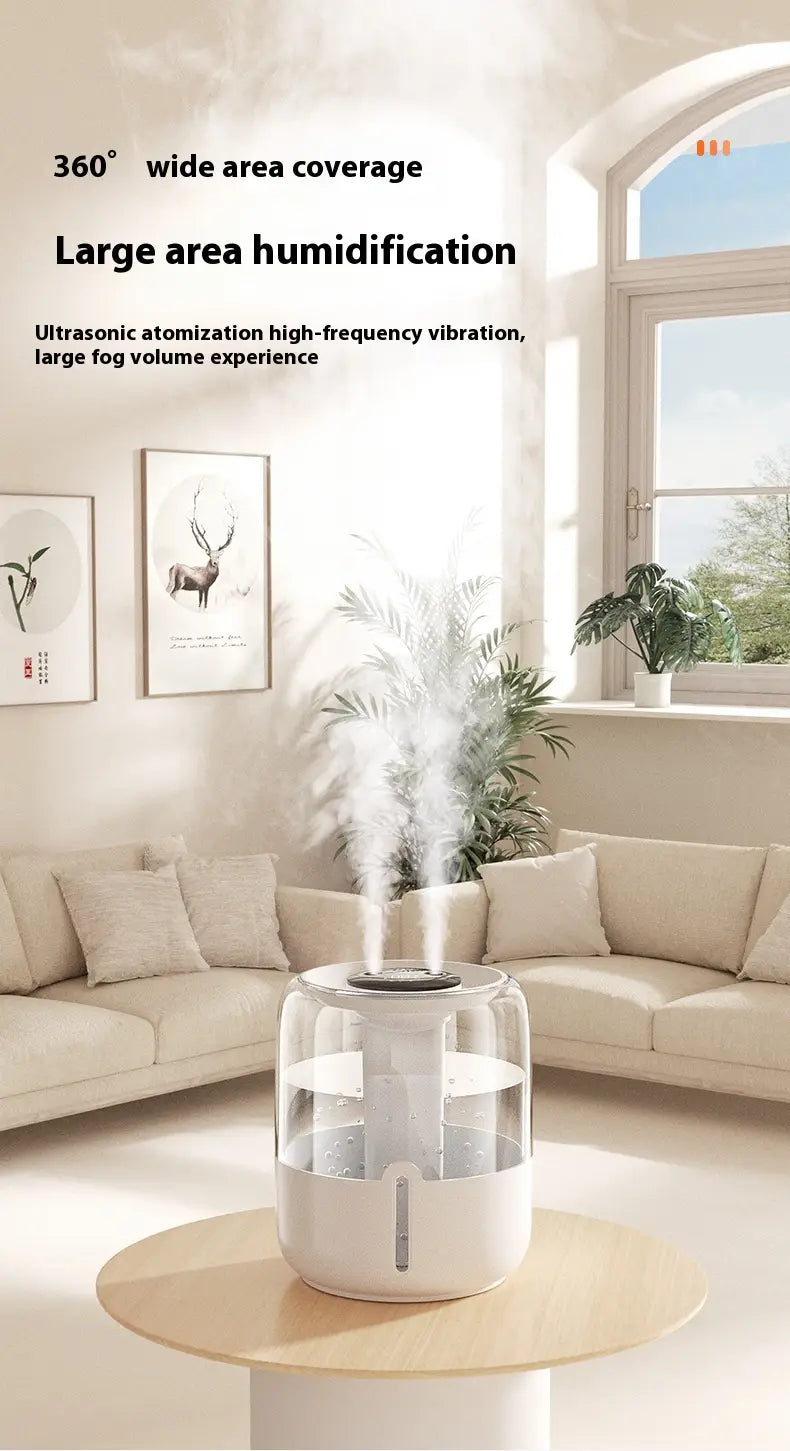 Humidificador de aire cilíndrico inteligente de doble niebla de 3,8 l en color blanco, con depósito de agua transparente y parte superior negra que emite niebla.