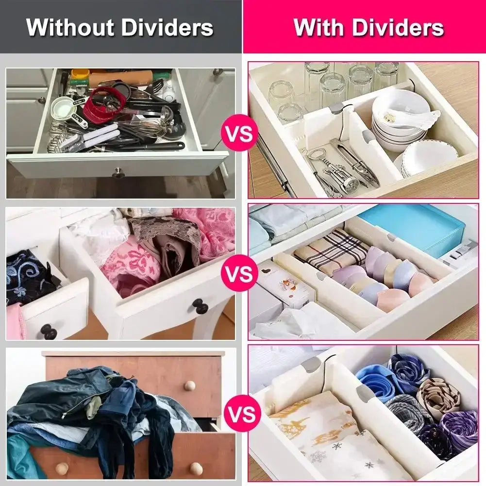 White plastic drawer organizers with adjustable dividers designed for kitchen closet and garment storage featuring durable plastic material and a sleek white finish.