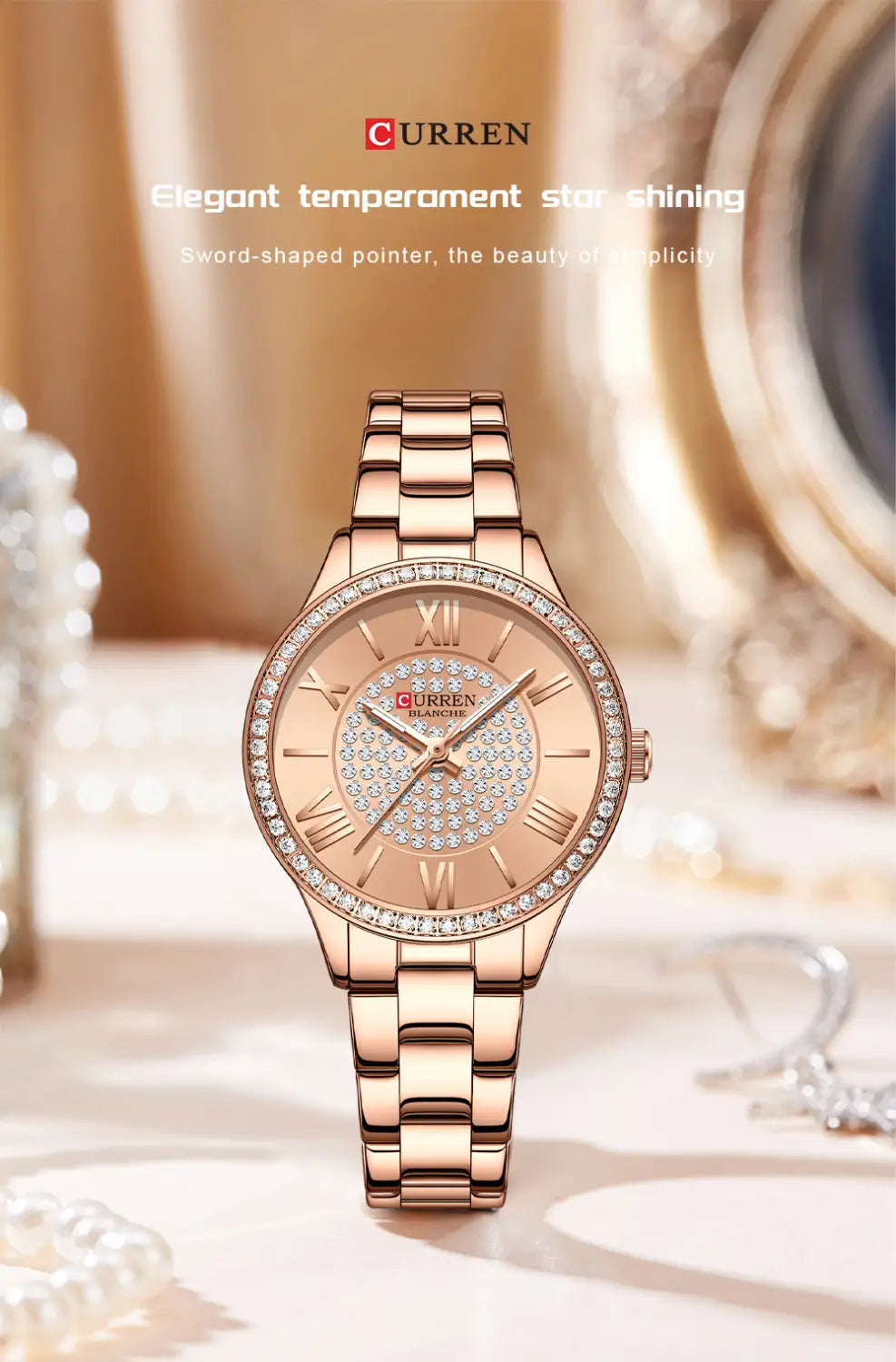 Rose gold curren women stainless steel crystal quartz watch with a diamond-encrusted dial and bezel featuring roman numerals and sword-shaped pointers.