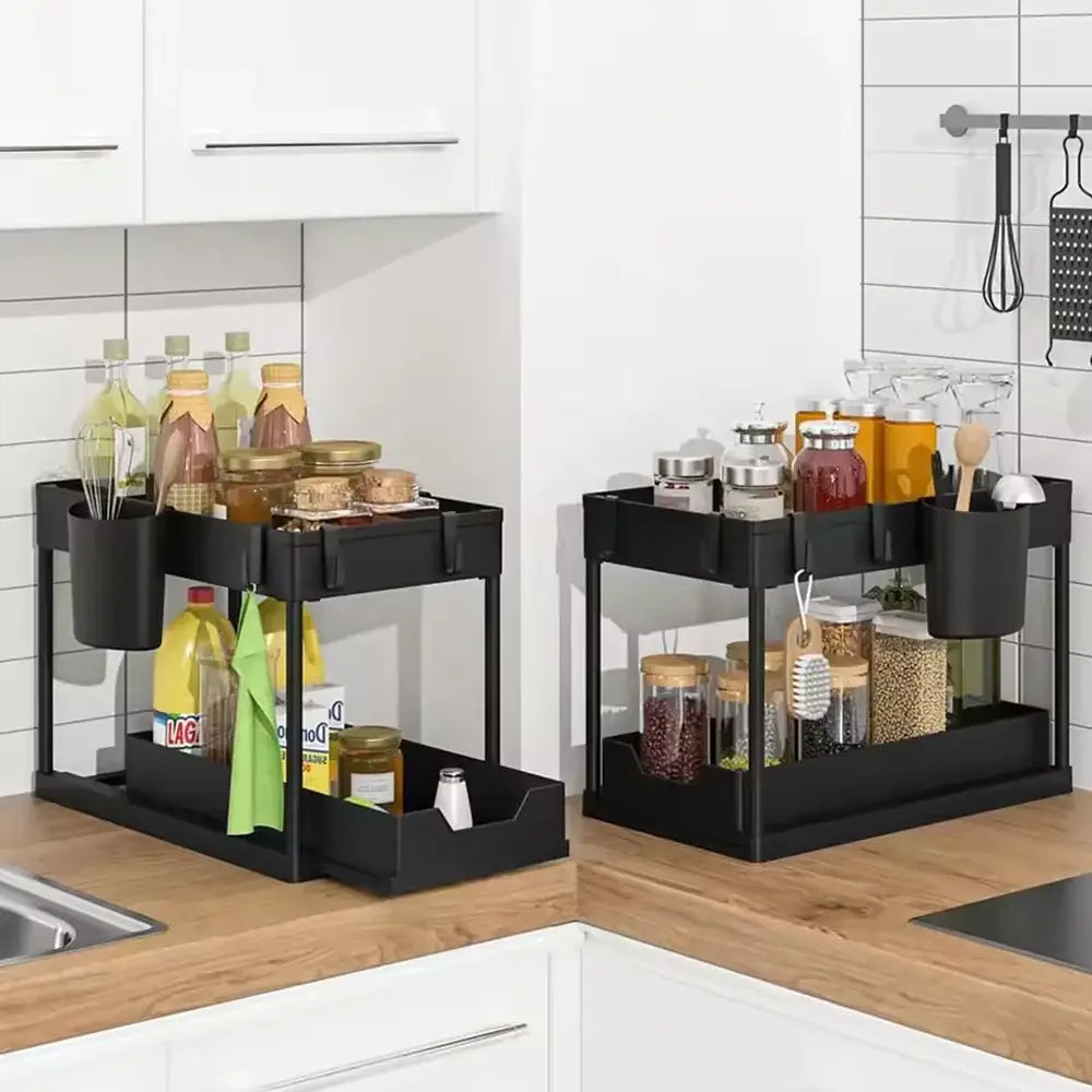 black two-tier under sink organizer with side pockets and adjustable shelves made in mainland china for versatile kitchen storage and sliding basket use