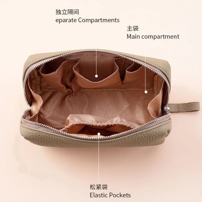 Leather Travel Toiletry Bag for Women, Mini Cosmetic Pouch Organizer with 3 Dividers, Easy Clean Makeup Bag for Purse