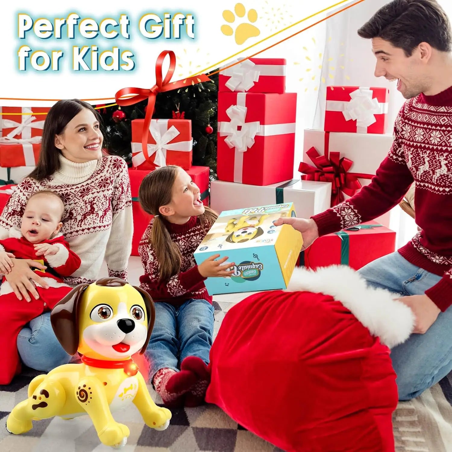 Yellow battery operated remote control dog toy with brown ears and a red collar designed as a robot puppy.