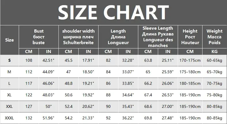 Size chart for men’s fleece lined knit hooded jacket showing measurements in centimeters and inches for sizes S through XXXL.