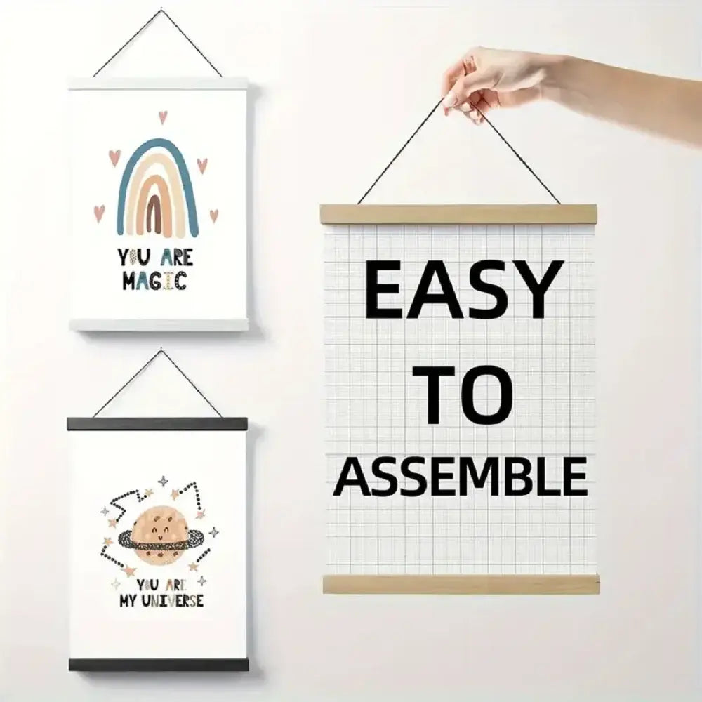 wooden-framed teak wood magnetic photo frame poster hanger featuring a grid pattern and bold black text reading easy to assemble.