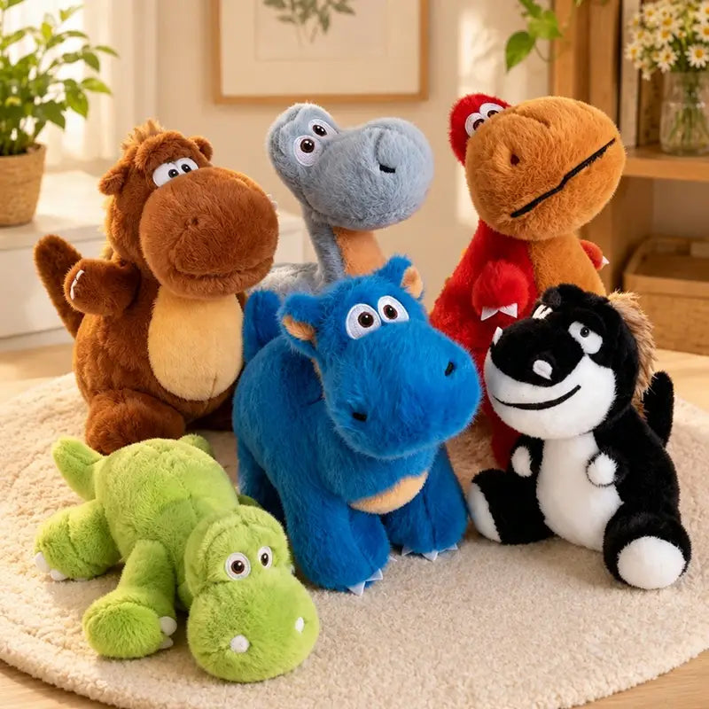Un ensemble de jouets peluches de dinosaure colorés, en peluches souples de couleurs marron, bleu, rouge, noir et blanc, ainsi qu’en vert, conçu pour le confort et le jeu.