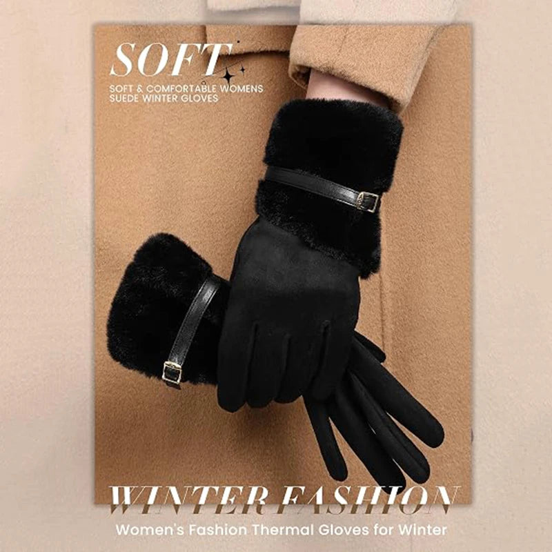 Women's Winter Gloves Warm Fleece Lined Windproof Cold-Resistant Touchscreen Compatible with Plush Decoration for Autumn Winter