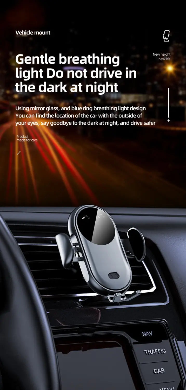 Silver and black car wireless charger with fast charging mount featuring a sleek modern design and integrated blue ring breathing light for visibility in the dark