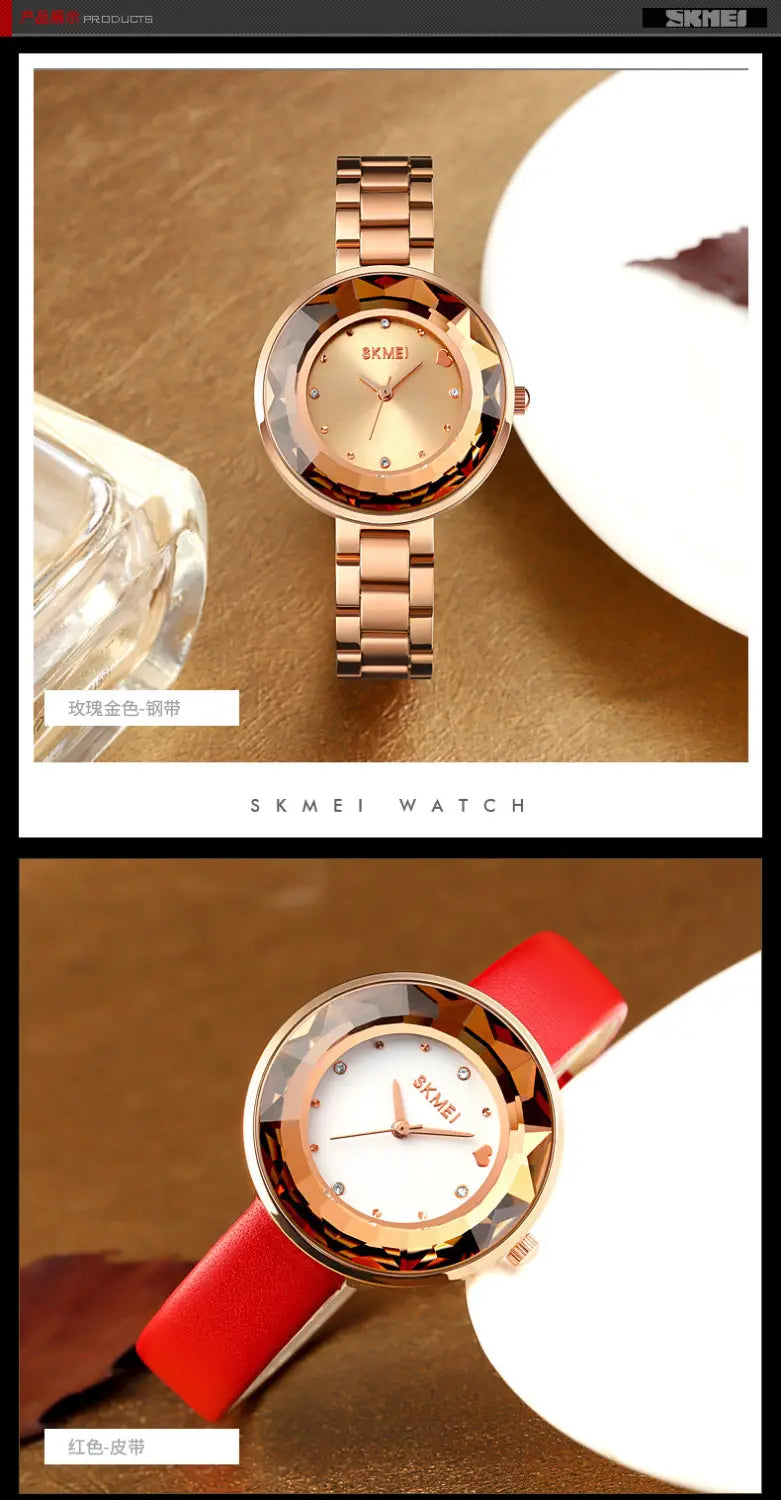 Floral quartz watch with a rose gold metal strap and matching rose gold mirrored glass dial featuring sparkling crystal accents by skmei in an elegant gift box.