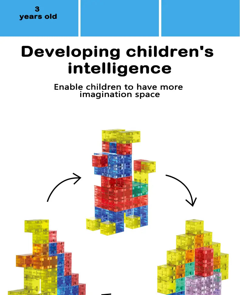 Des blocs de construction magnétiques en plastique translucide coloré disposés de manière à former une figure multicolore ludique pour des jouets éducatifs STEM.