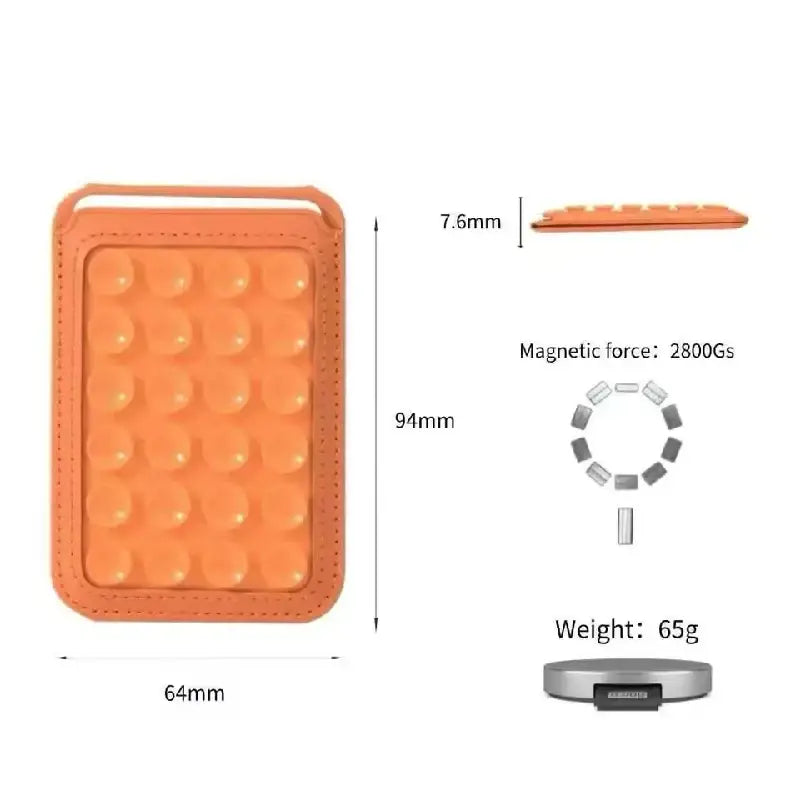 Orange rectangular magsafe magnetic card holder with textured surface and stitched edges shown from front angle