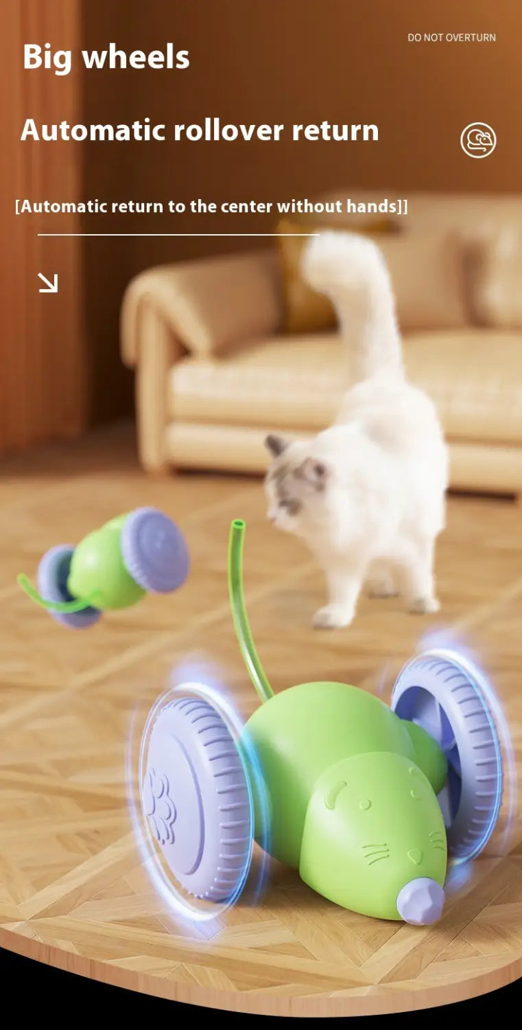 大きなホイールを備えた緑と紫の、猫用の充電式電動マウストイは、インタラクティブな遊びのために設計された人気の動物玩具のタイプです。