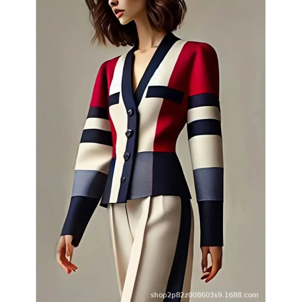 Women's Elegant Color Block V-Neck Blazer High Waist Wide Leg Pants 2 Piece Autumn Outfit Luxury Striped Formal Suit Office Suit