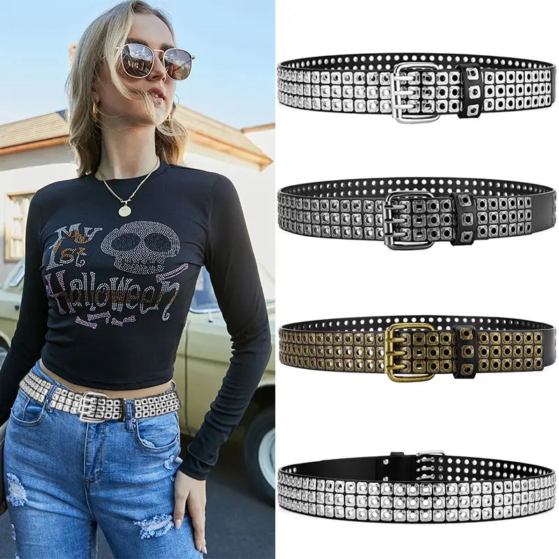 Studded leather punk belt in black with silver gold-toned and bronze-colored square studs arranged in rows across the buckle area.