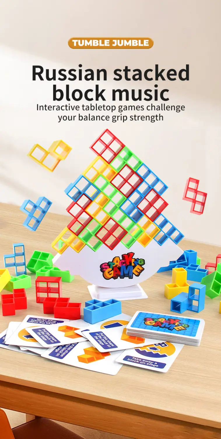 Building block balance tetra tower game set featuring colorful plastic building block bricks in red blue green and yellow stacked on a white base.