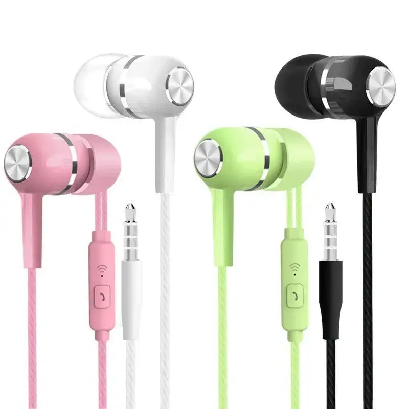 Casque de jeu filaire intra-auriculaire Vikefon avec microphone, doté d’écouteurs rose, blanc et vert citron, ainsi que de boutons de commande métalliques argentés sur les tiges.