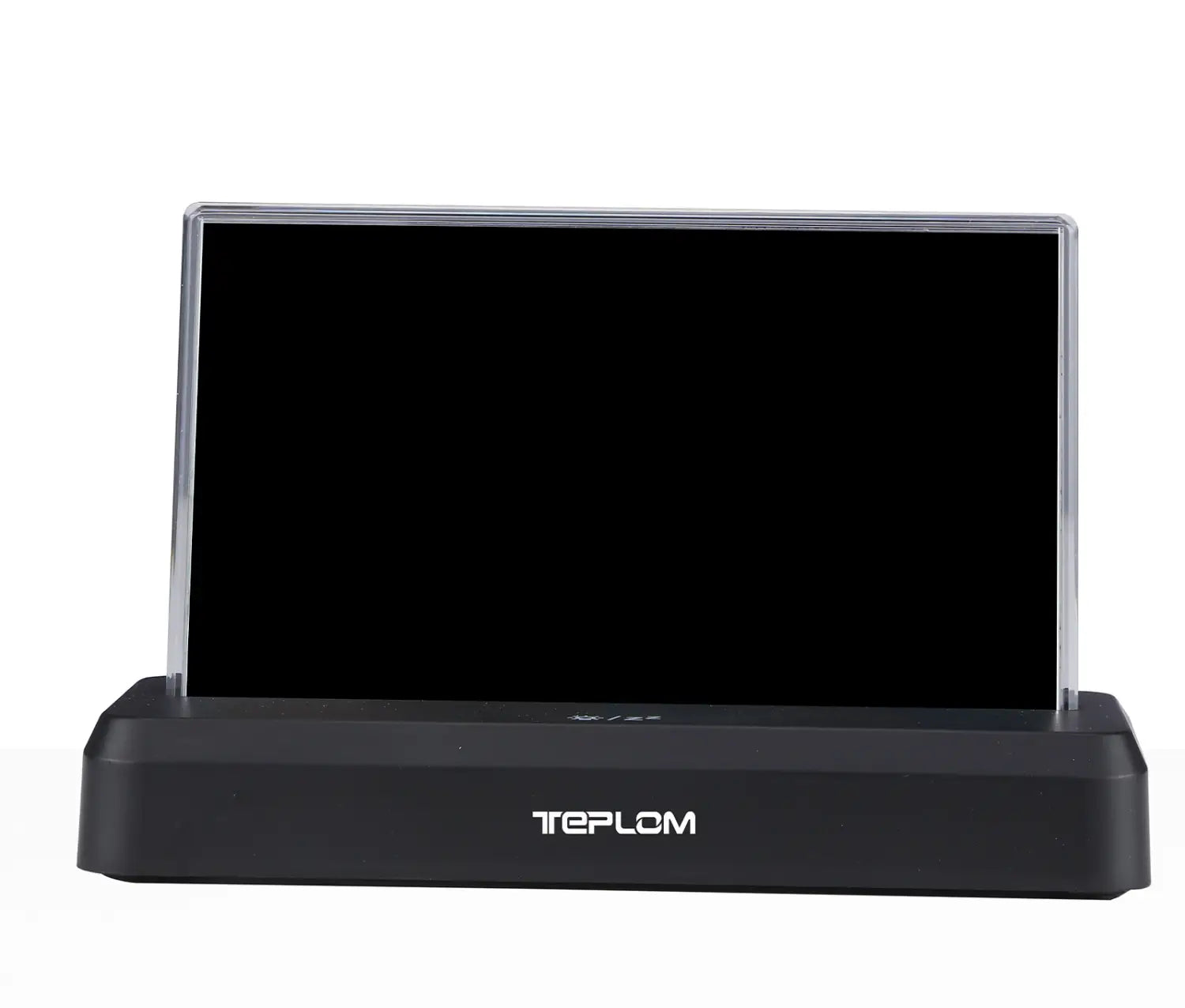 Black rectangular tablet stand with clear acrylic frame and teplom branding on the base designed for a wireless weather station measuring indoor and outdoor temperature using lr6 aaa batteries.
