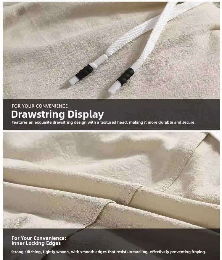 Herren-Leinen-Boxer-Slips in Beige mit strukturiertem weißem Kordelzugband mit schwarzen Plastik-Aglets, entworfen für lässige, lockere Sommer-Strandbekleidung.