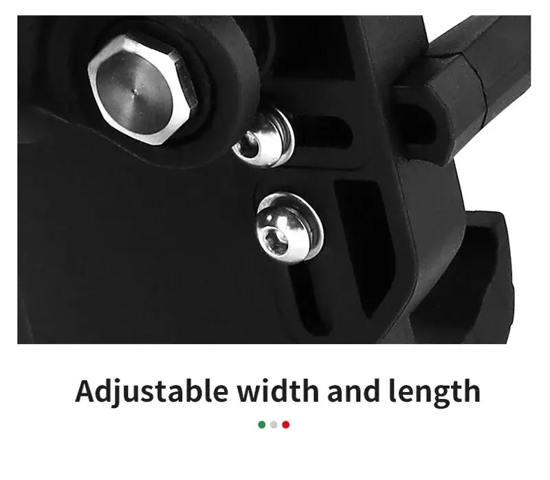 black plastic motorcycle wireless charging phone mount with silver hex bolts and screws for adjustable width and length shown from the back side