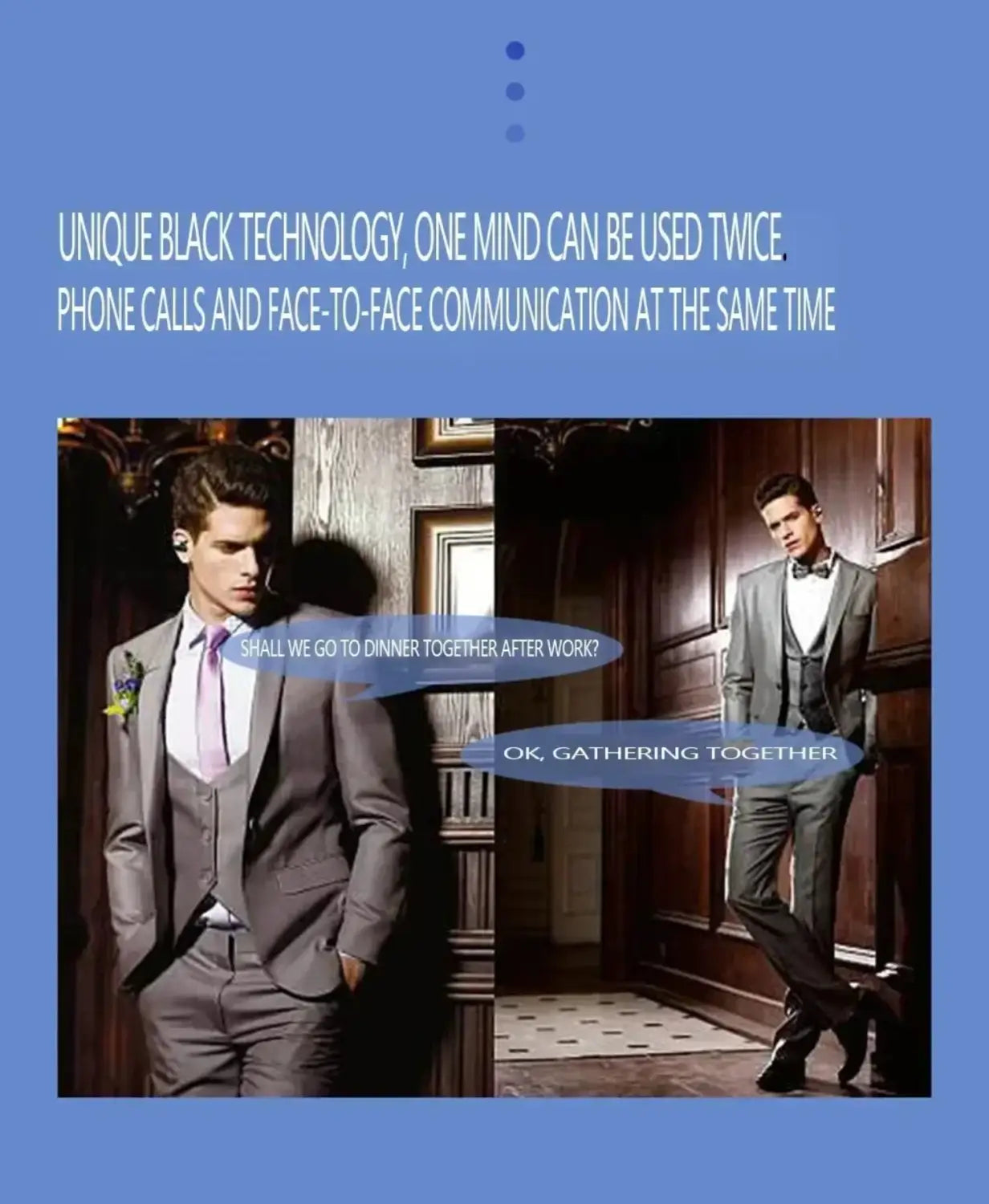 a man in a gray three-piece suit with matching vest and trousers wearing ear clip lightweight bluetooth 5.3 sport headphones suitable for clip lightweight business use