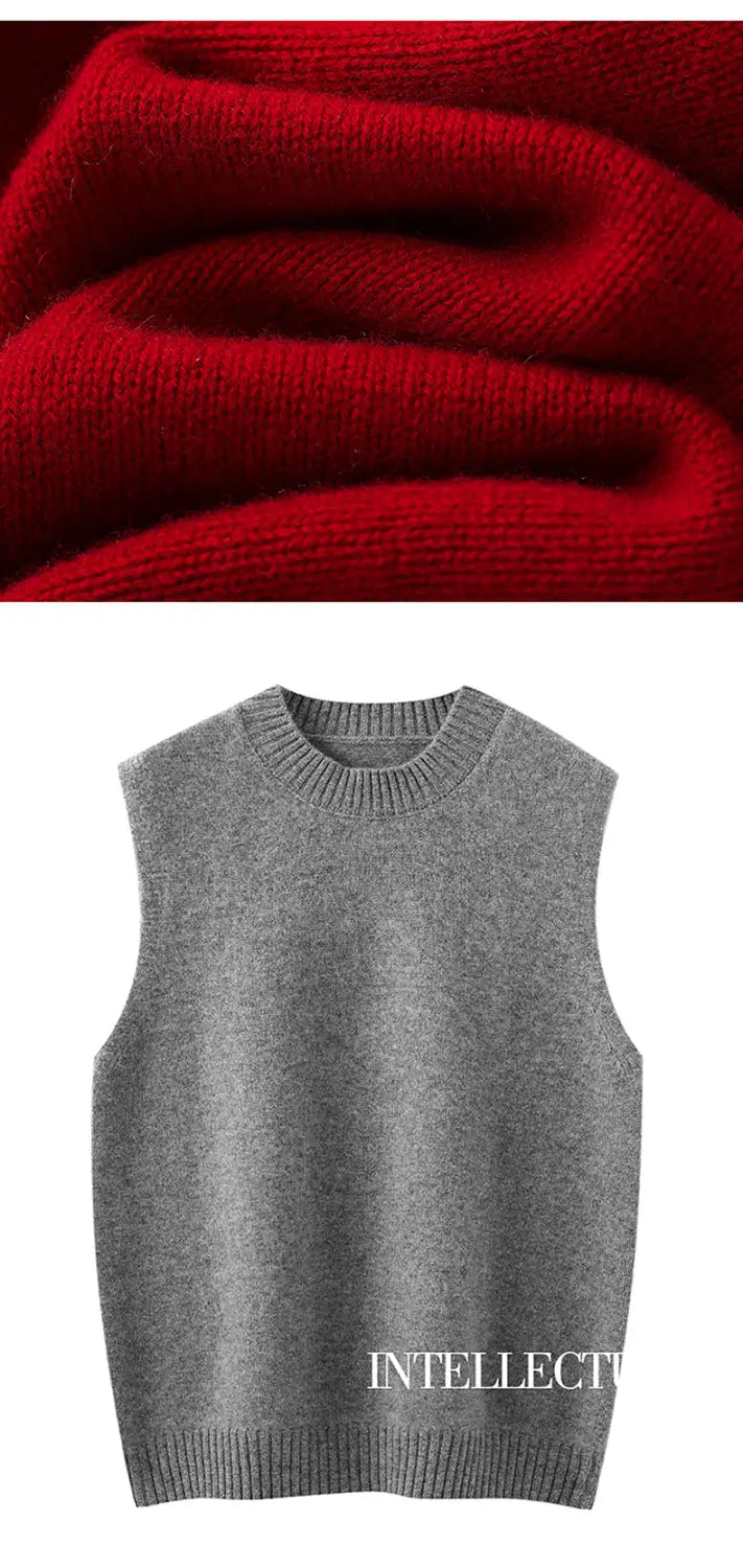 Women wool knit vest in gray with a sleeveless design, ribbed crew neckline, and hem for casual wear.