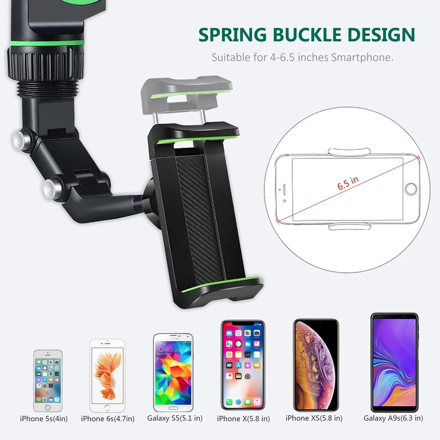 Rearview mirror car phone holder in black with green accents featuring a spring buckle design and 360 rotatable function for smartphones 4.5 to 6.5 inches.