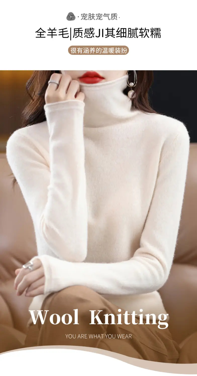 A soft off-white merino wool turtleneck sweater for women featuring a smooth and cozy texture.