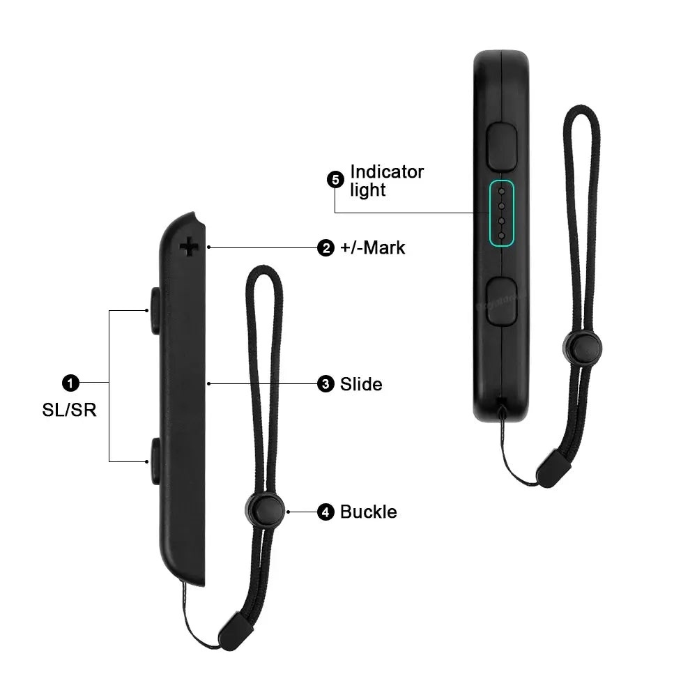 Empuñadura negra para Nintendo Switch Joy-Con con correa para la muñeca y luz indicadora, que muestra el lado posterior del par de reemplazo de cuerda para la mano para Joy-Con de Switch.