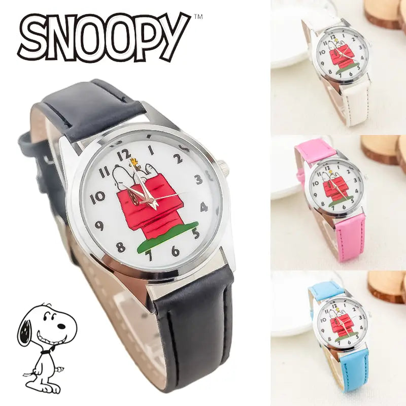Black leather strap snoopy quartz watch with a white face featuring the cartoon character in his red doghouse.