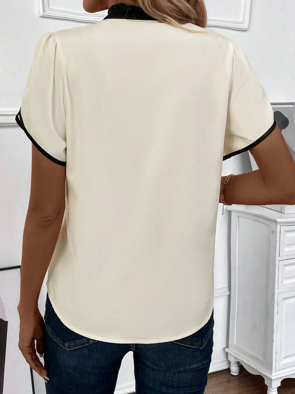 Women's Chic Basic Blouse Spring Summer Cream White Black Bow Tie Neck Puff Short Sleeve Valentine's Day Elegant Office Wear Top