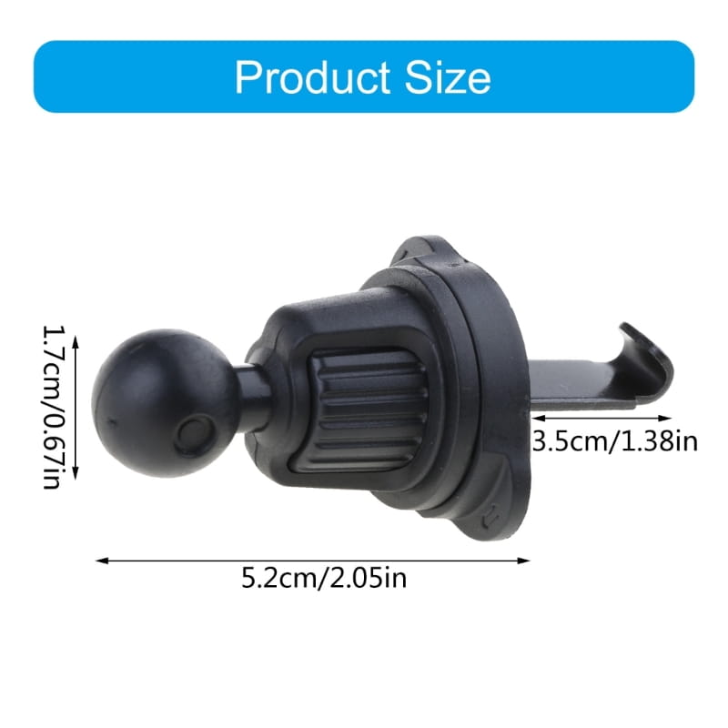 support de téléphone pour grille d’aération de voiture en plastique noir avec articulation sphérique de 17 mm et pince réglable pour un montage sûr.