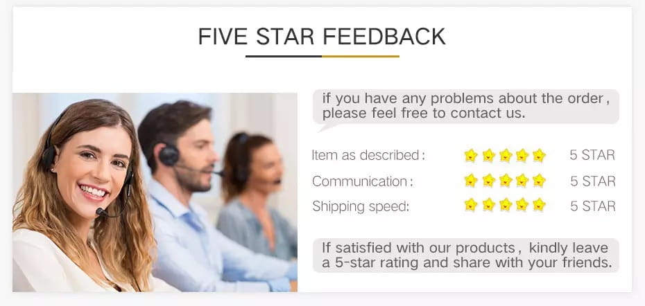 Graphique d’avis cinq étoiles mettant en scène un(e) représentant(e) du service client souriant(e) avec casque et des évaluations en étoiles, concernant l’exactitude de l’article, la communication et la rapidité d’expédition pour un balai de mariage DIY à monter en sautant avec des perles et des rubans.