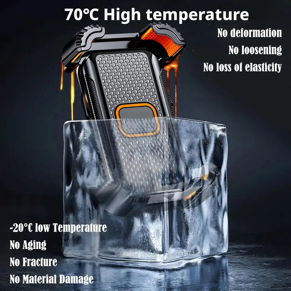 Schwarz- und orangefarbener robuster Smartphone-Adapter mit strukturierter, verstärkter Schale, ausgelegt für extreme Temperaturbeständigkeit, von der Rückseite dargestellt, in einem stoßdämpfenden Motorrad-Phonehalter.