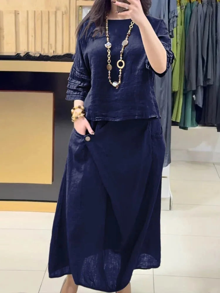 2025 New Chic Women's Two Piece Set Casual Solid Color Blouse Top And Loose Midi Skirt Suit 2 Piece Sets Lady Elegant Outfit
