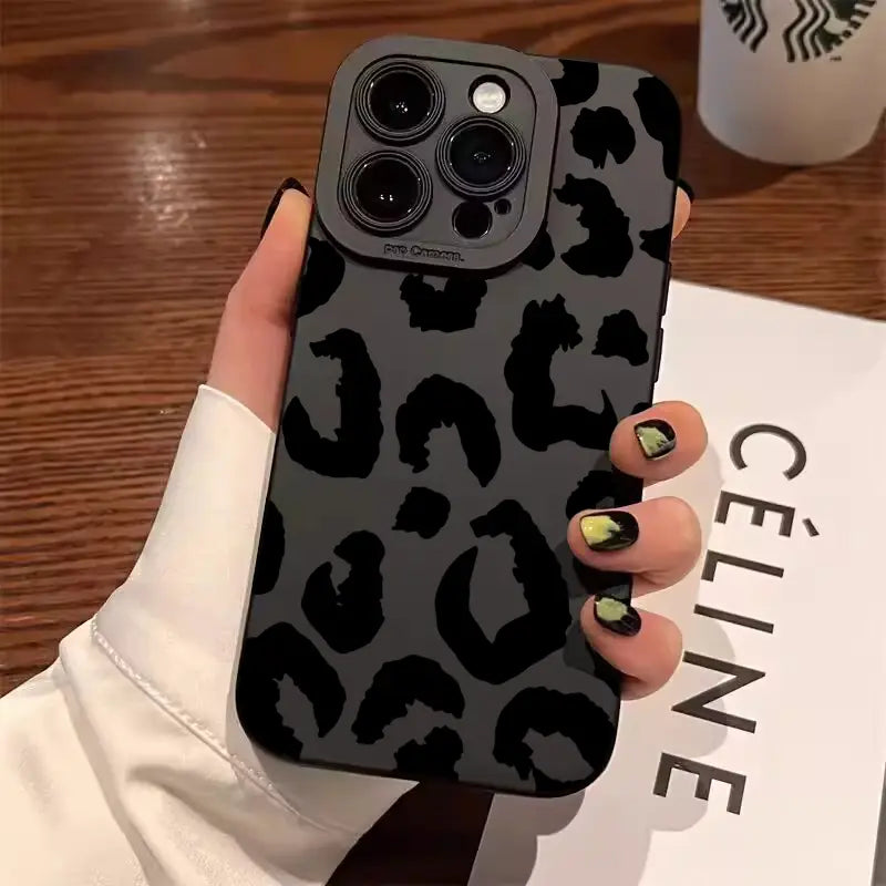 black leopard-print matte finish iphone case shown from the back with camera protection design