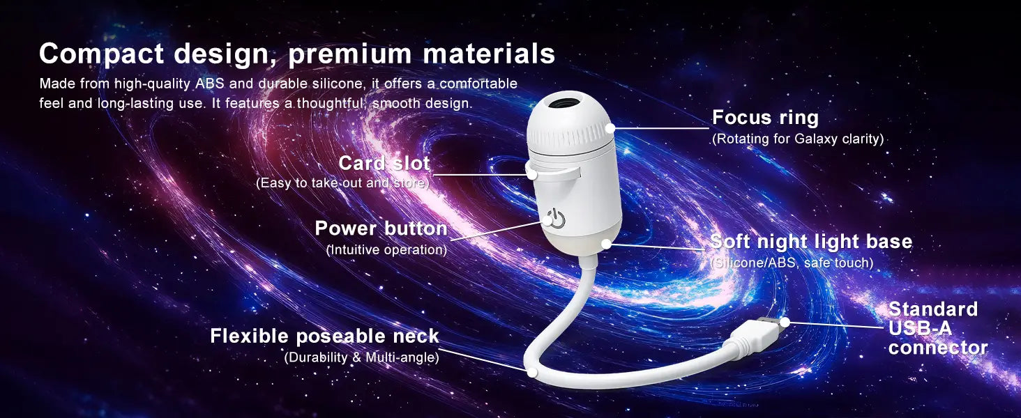 Lampe de nuit USB-A compacte blanche avec un cou flexible et articulé ainsi qu’une bague de mise au point rotative, conçue comme un projecteur USB de galaxie et une lampe de nuit.