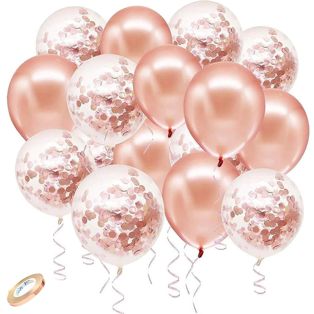 19/26pcs 12inch Rose Gold Confetti Latex Balloons White Metal Rose Gold Balloon Ribbon Wedding Bridal Shower Decoration Birthday