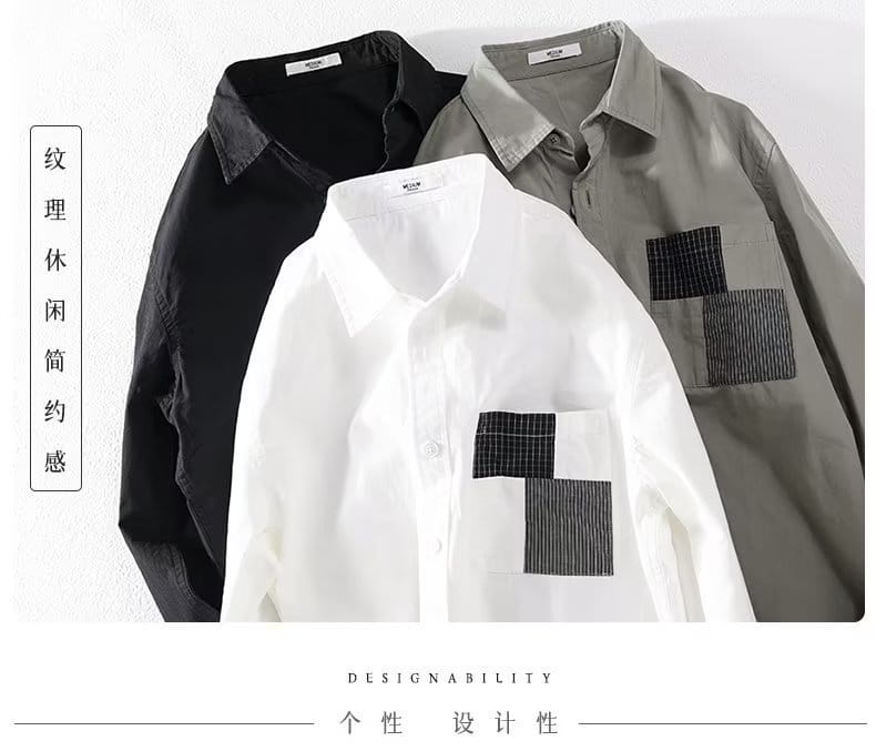 Herren-Patchwork-Taschenhemdjacke im Casual-Stil in Weiß mit langen Ärmeln und Knopfverschluss-Design mit einem schwarzen und grauen, gestreiften Patchwork-Muster auf der Brust.
