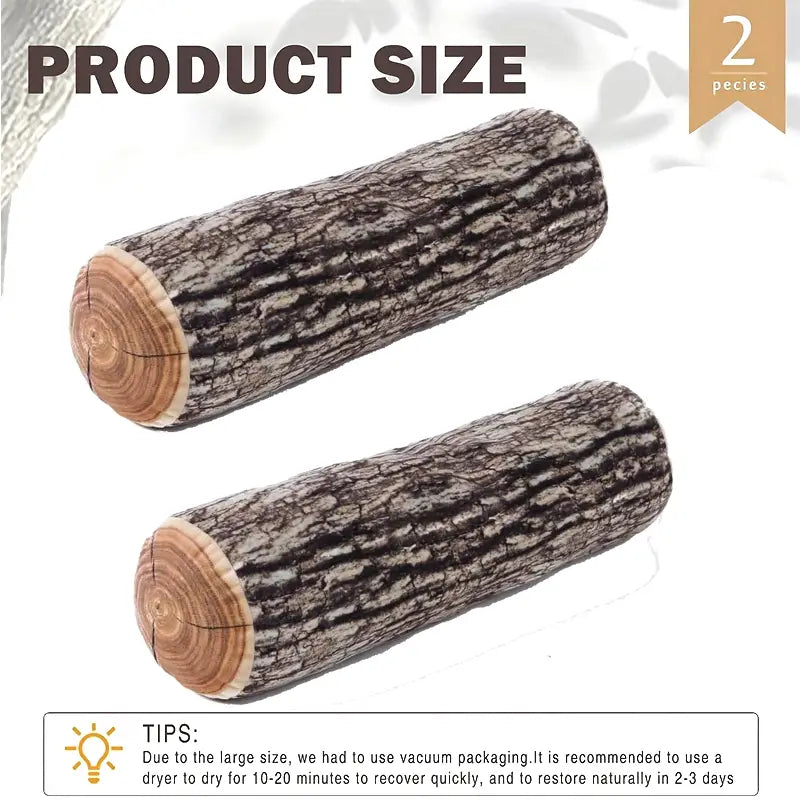two plush log throw pillows with realistic wood grain bark texture and natural wood-colored ends designed as cylinder cushions for home decor