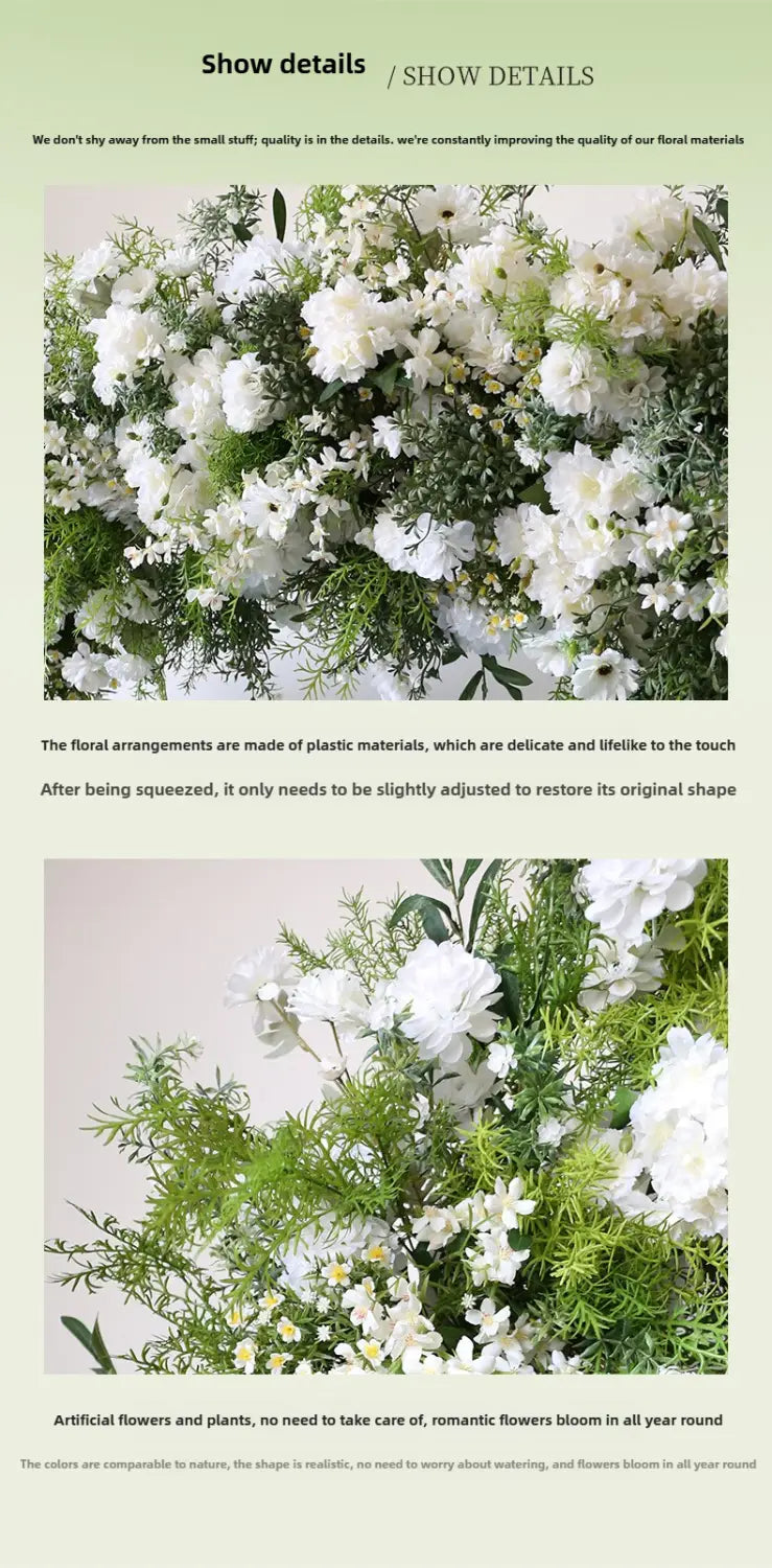 Arco floral para boda con soporte que presenta un arreglo exuberante de rosas blancas artificiales y follaje verde hecho de plástico para imitar una textura delicada y una apariencia realista.