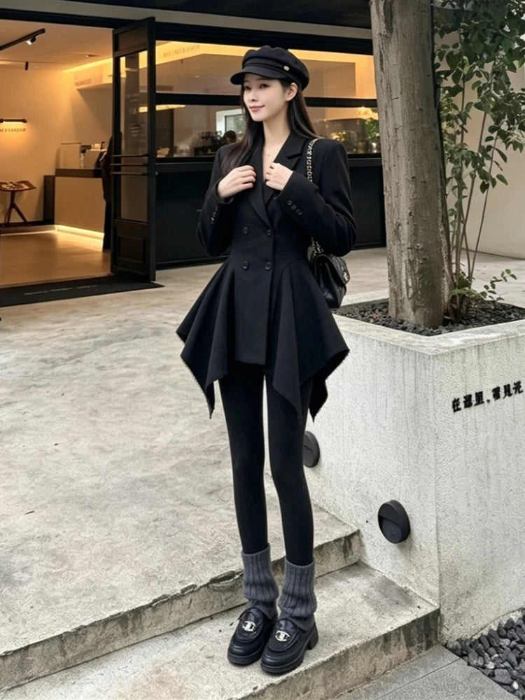 Elegant Autumn Unique Black Blazer Jacket Women Korean Fashion Double Breasted Waist Cinched Irregular Hem Office Casual Outfit